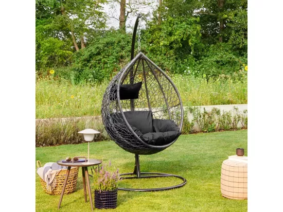 HOME DELUXE - Chaise suspendue Cielo - noir, hauteur 200 cm - avec housse de pluie, cadre, coussins d'assise et de dossier I chaise suspendue en polyrotin balançoire de jardin panier suspendu