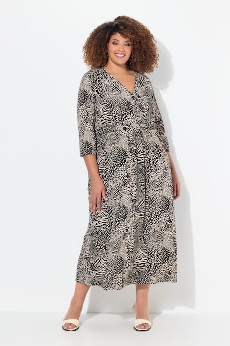 Jersey-Maxikleid, Animal, A-Linie, V-Ausschnitt, 3/4-Arm