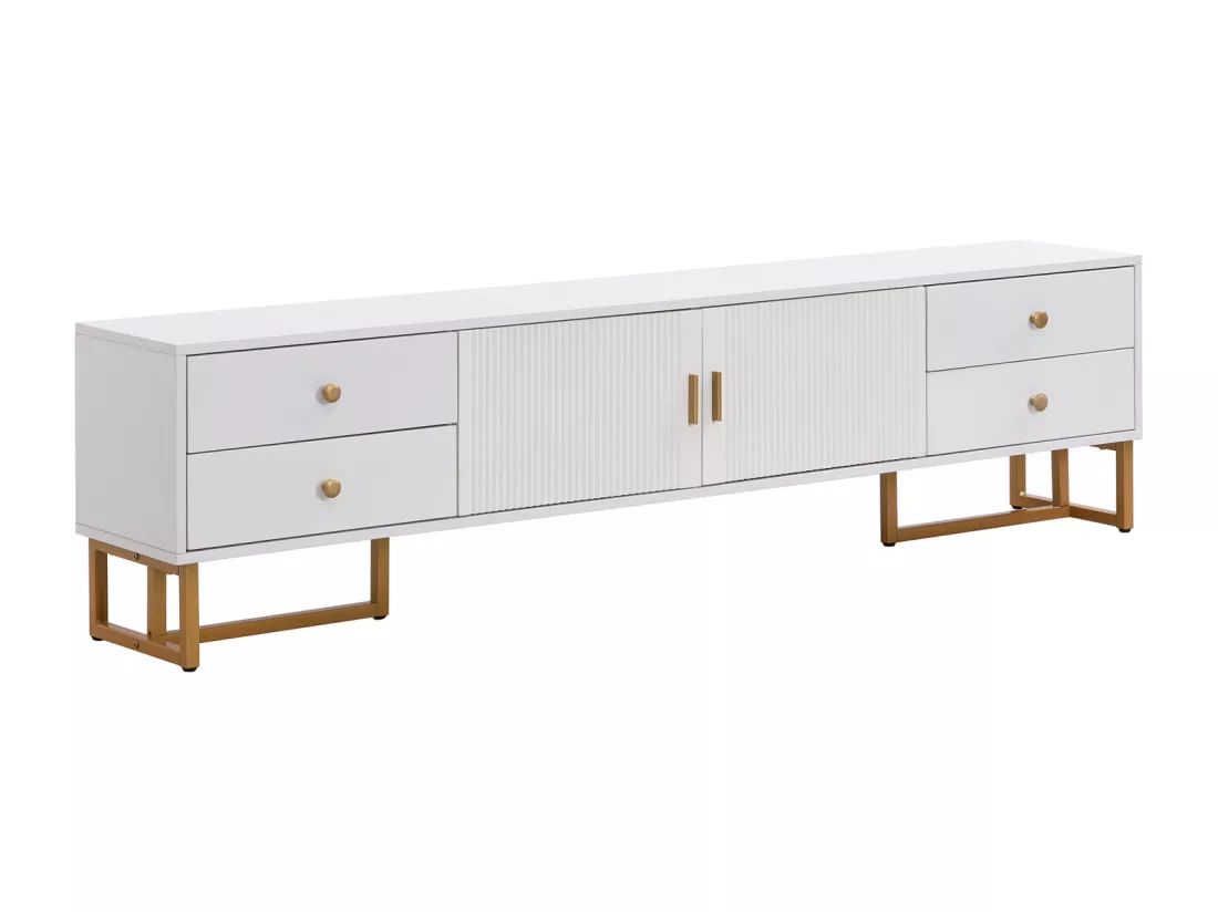 Meuble TV 175x30x46cm, panneau bas avec porte texturée, iroirs, poignées dorées et pieds dorés, blanc
