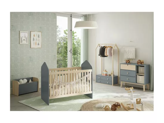 KAINA - Penderie 2 Tiroirs en MDF et Pin Coloris Gris Vert et Naturel