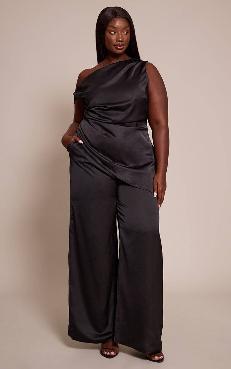 Noir Pantalon Large Taille Haute En Satin Co-ord Grande Taille