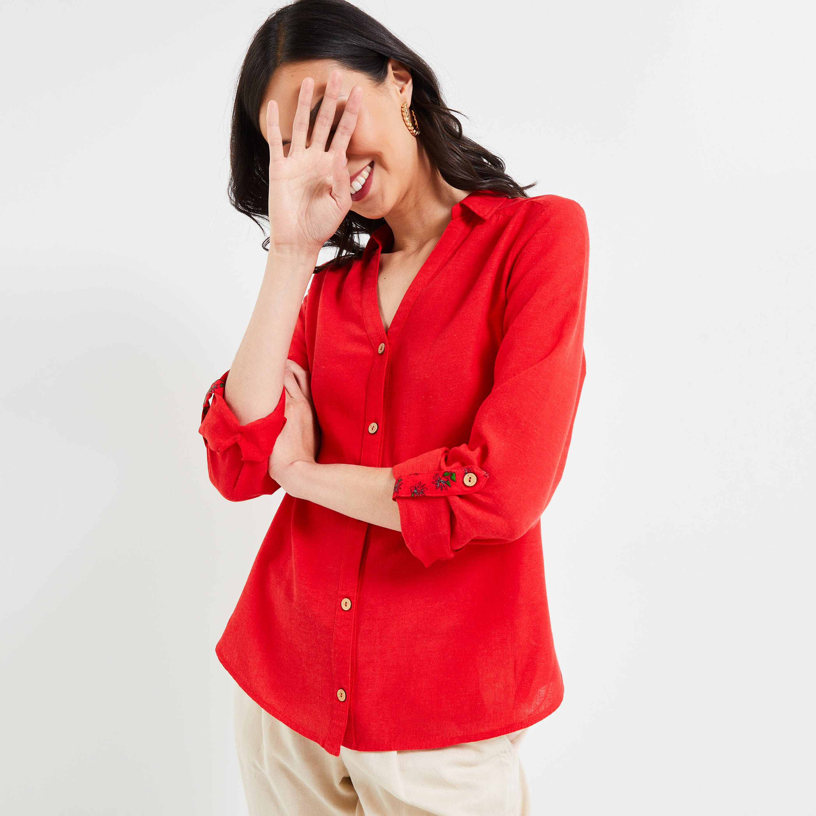 Chemise manches longues unie femme - ROUGE