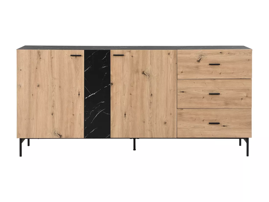 Buffet avec 2 portes et 3 tiroir en MDF et métal - Naturel clair et Effet marbre noir - LIOMENA de Pascal Morabito