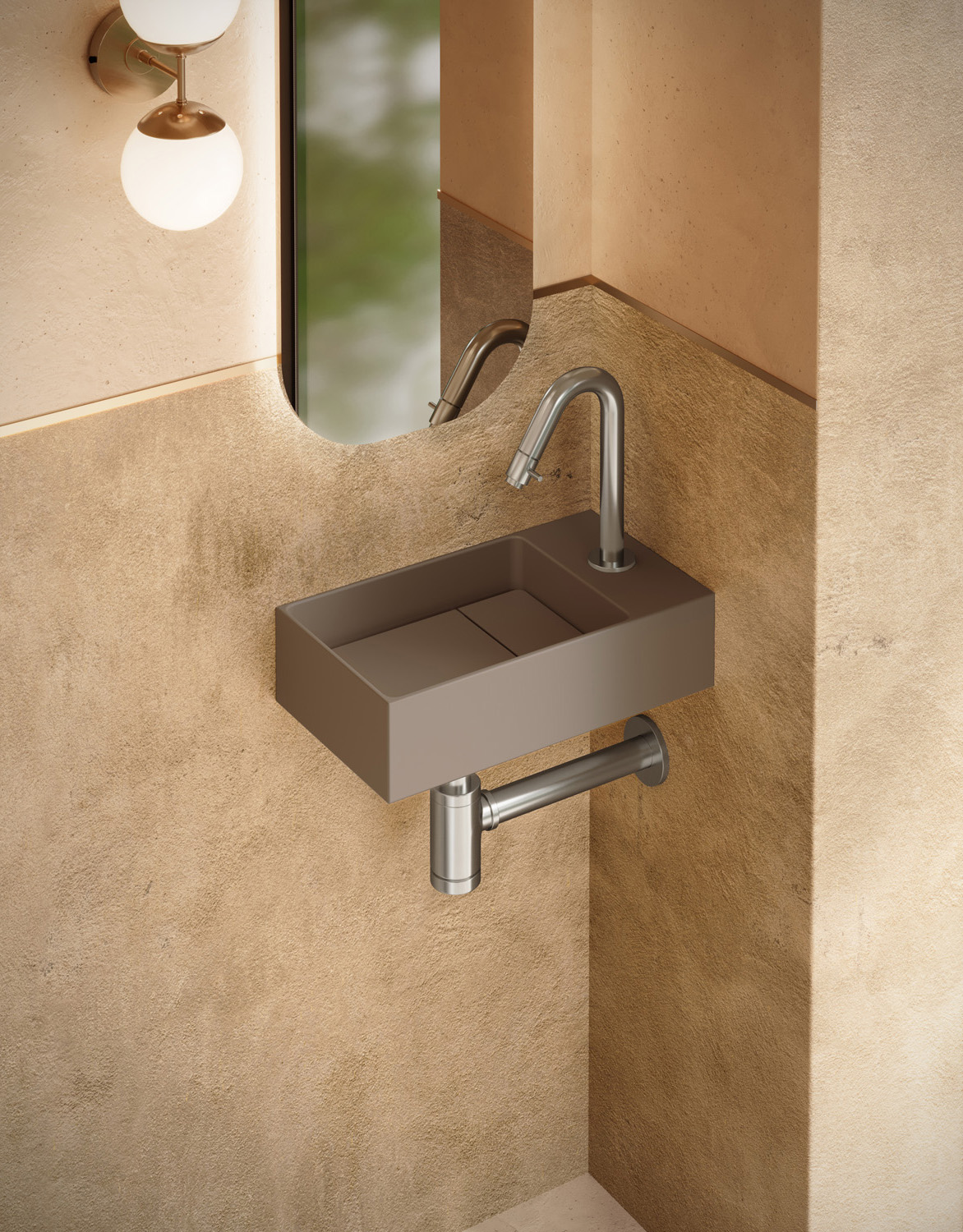 Saniclear Itsie fonteinset mat taupe met gebogen kraan in RVS