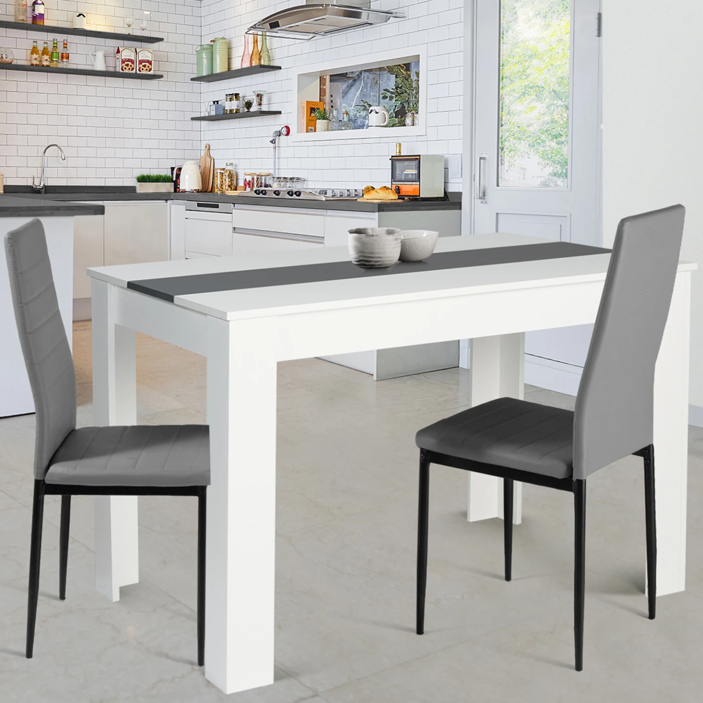 Table à manger rectangle ROZY 6 personnes blanche et grise 110 cm