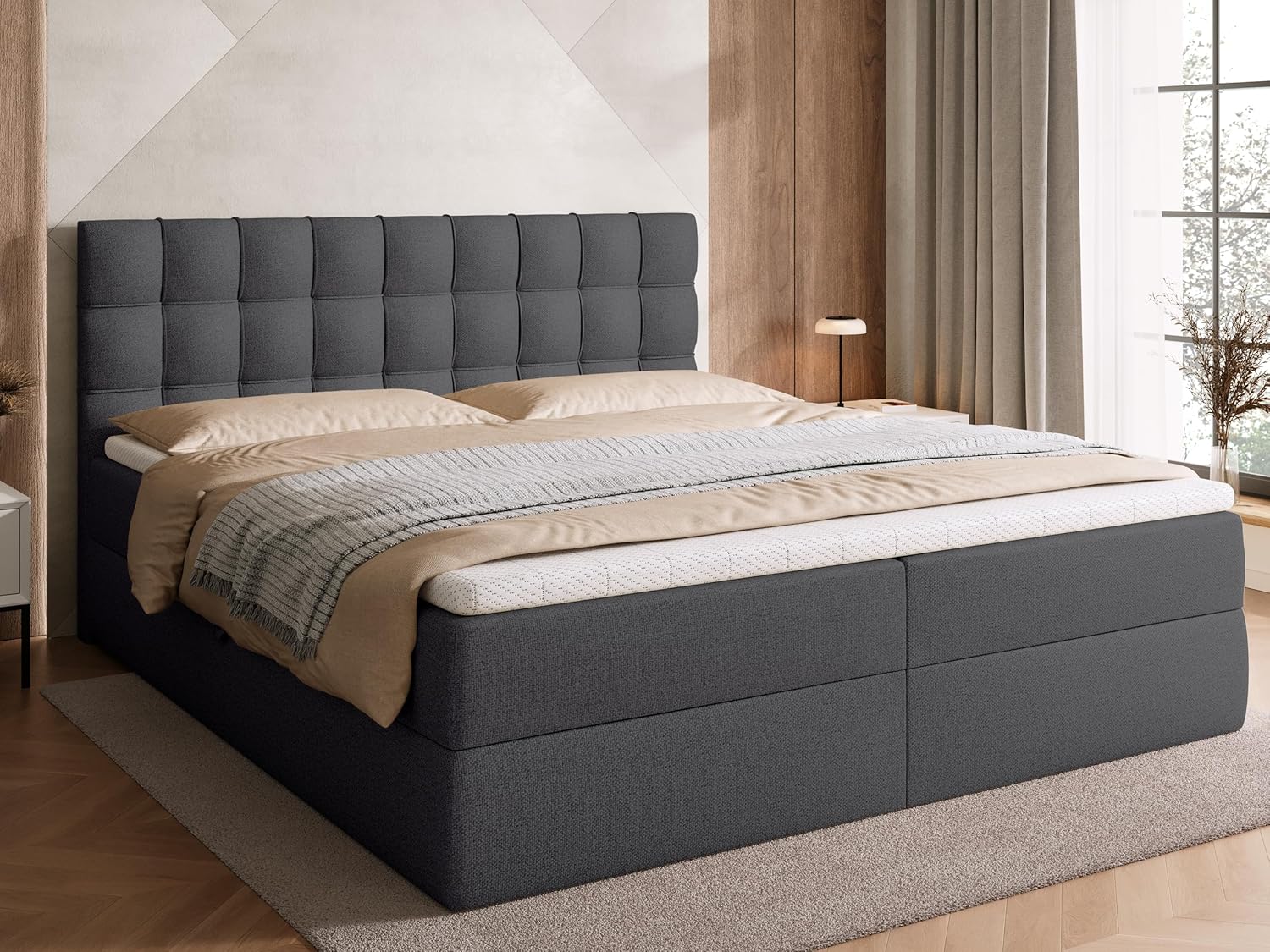 BROMARKT Boxspringbett mit Bonell Matratze und Bettkasten Doppelbett mit Topper 180x200cm Härtegrad H3 Bett für Schlafzimmer gepolsterte Kopfstütze Detroit Dunkelgrau