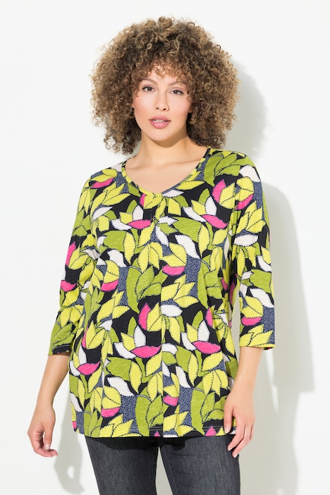 Shirt, Blätter, A-Linie, V-Ausschnitt, 3/4-Arm
