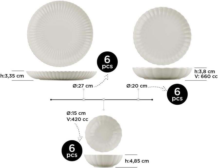 KÜTAHYA PORSELEN Bone Luz Form 18-teiliges 6-Personen-Geschirrset – Elegantes weißes Porzellan | Teller, Schüsseln & Speiseteller | Hochwertiges, leichtes Design für den Alltag (Weiß, 18 Teile Set)