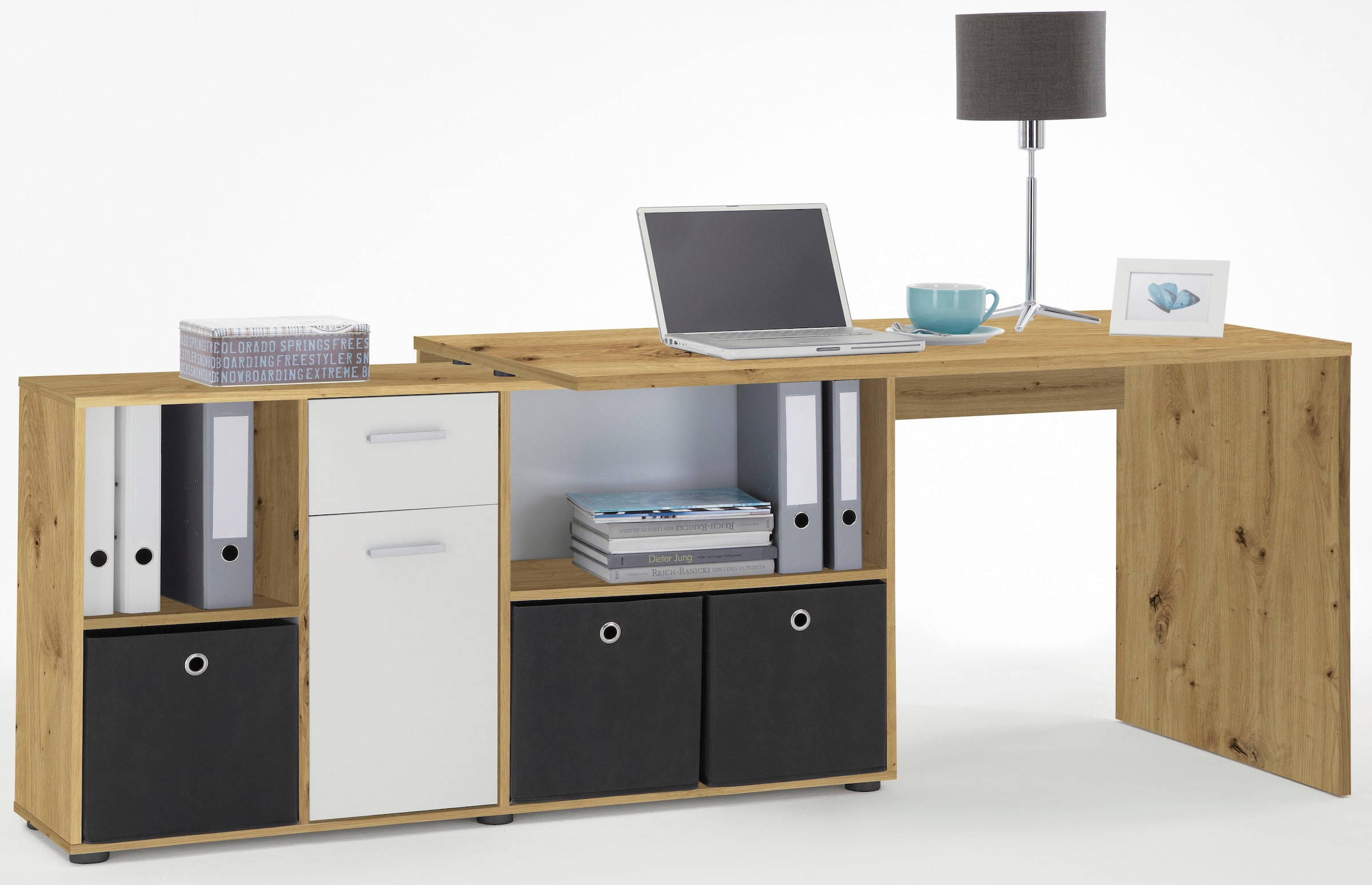 FMD Eckschreibtisch »Lexo« Schreibtisch/Sideboard viel Stauraum, beidseitig montierb., 136/205 cm