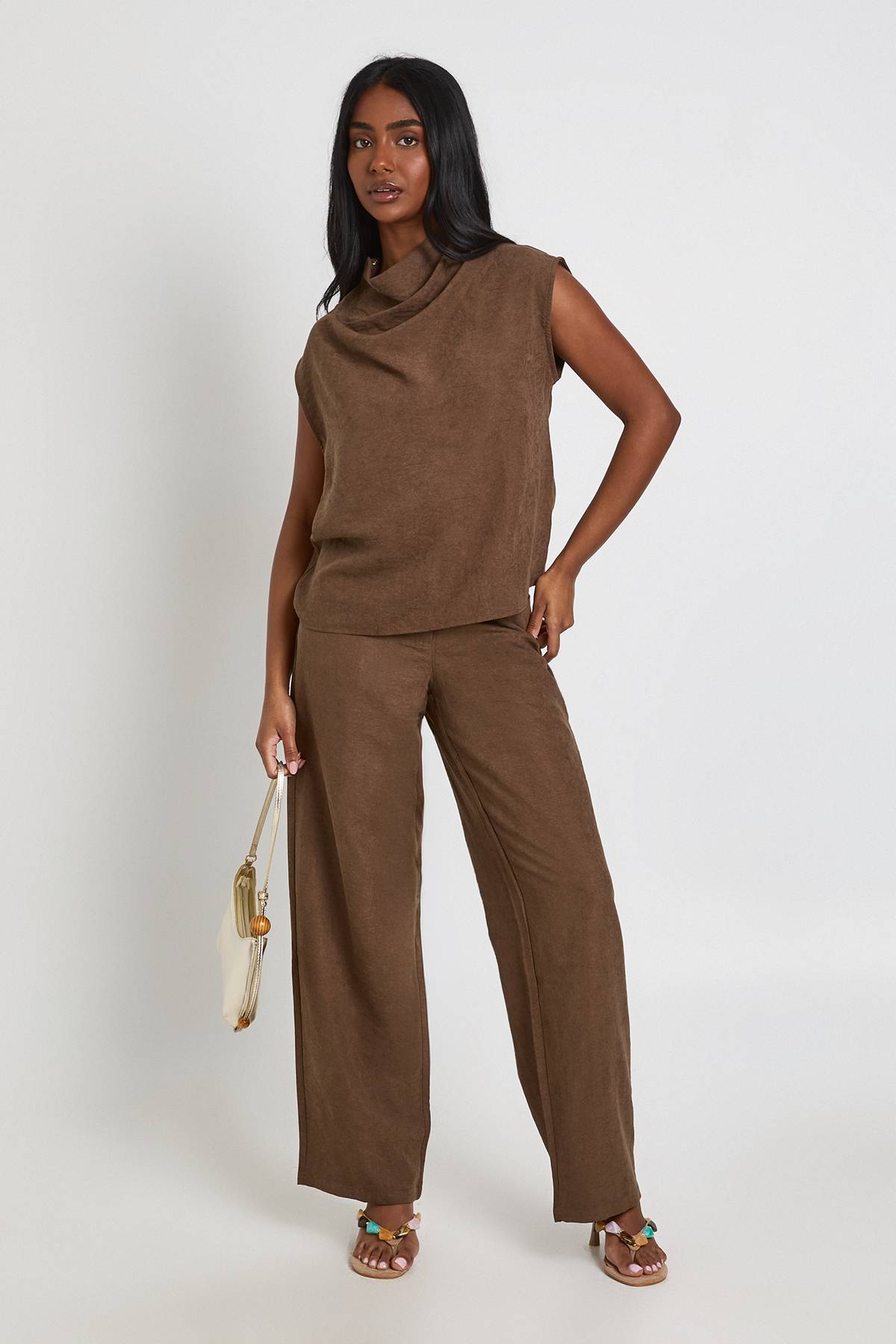 boohoo Ensemble Coordonné Jambes Larges Drapé Col Bénitier Effet Pêche
