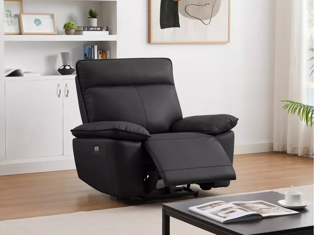 Fauteuil relax électrique en cuir de vachette noir NOVENA