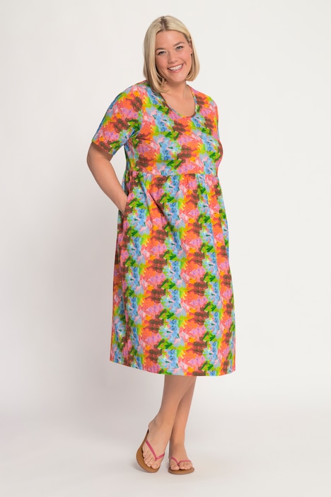 Jerseykleid, floraler Druck, Empirenaht, Rundhals, Halbarm
