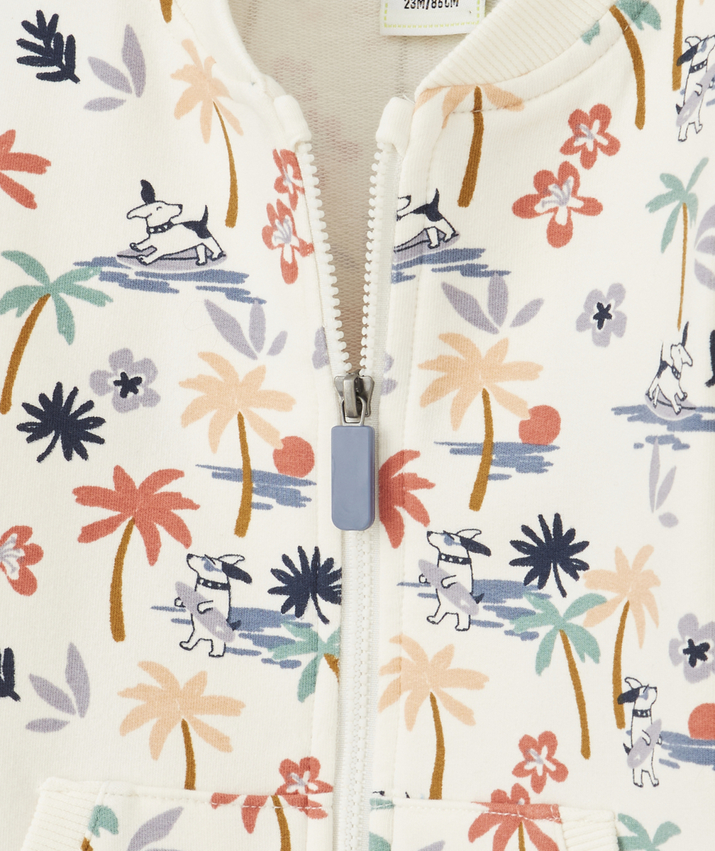 GILET ZIPPÉ BÉBÉ GARÇON ÉCRU ET IMPRIMÉ PALMIERS