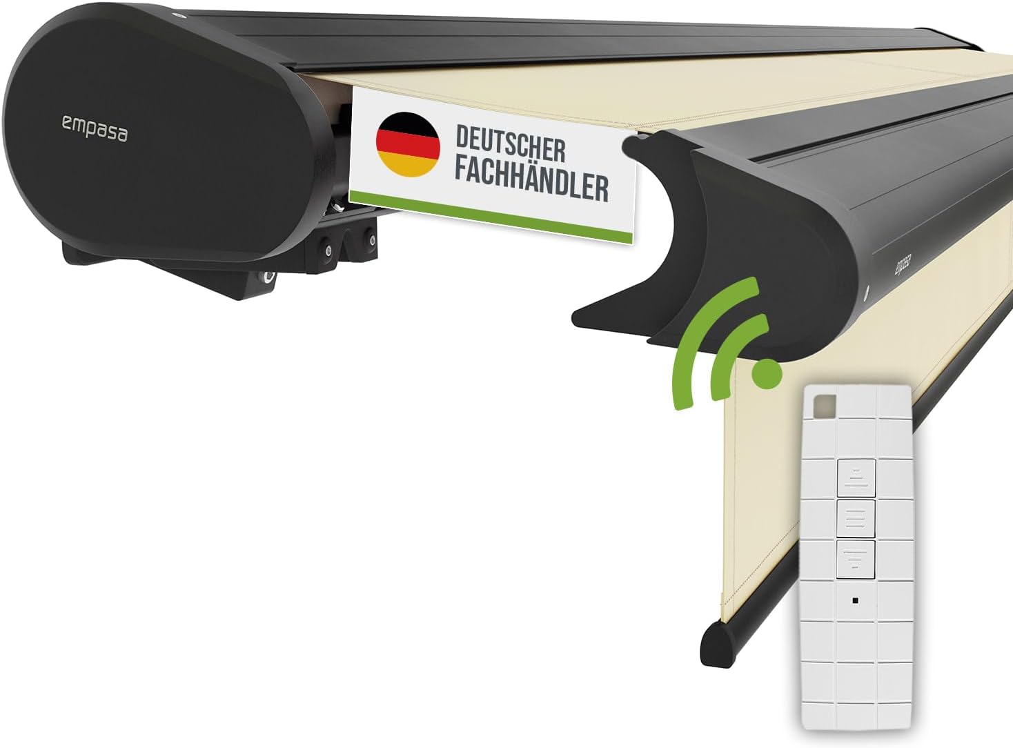 empasa Elektrische Vollkassettenmarkise 'Premium' Kassettenmarkise Gelenkarmmarkise Markise Sonnenschutz mit manuell ausfahrbarem Volant, komplett vormontiert, viele Farben und Größen wählbar
