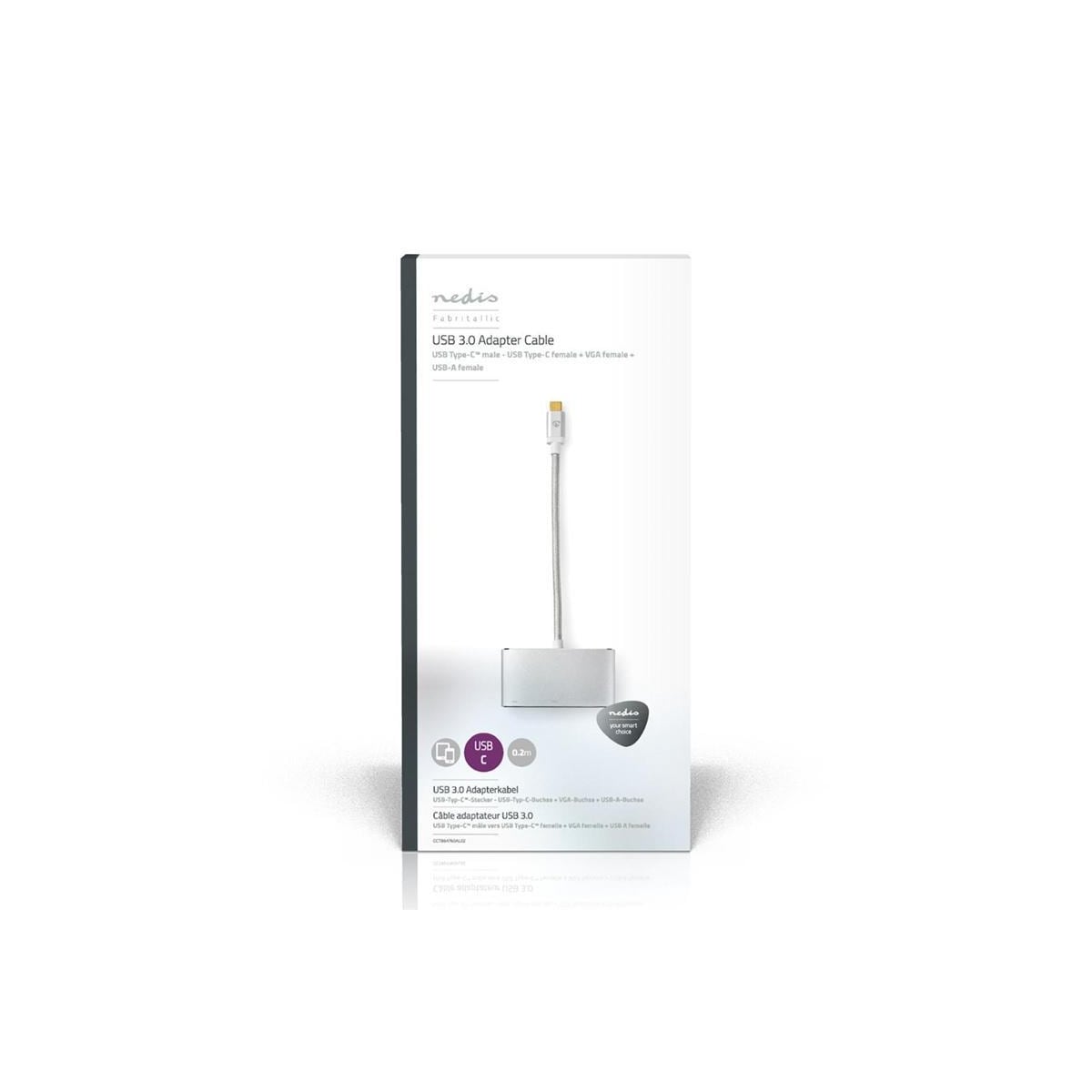 Nedis USB Multi-Port Adapter | USB 3.2 Gen 1 | USB-C™ Hann | USB-A Hun / USB-C™ Hunn / VGA Hun 15p | 5 Gbps | 0.20 m | Rund | Gull belagt | Flettet / Nylon | Sølv | Deksel Vindusboks