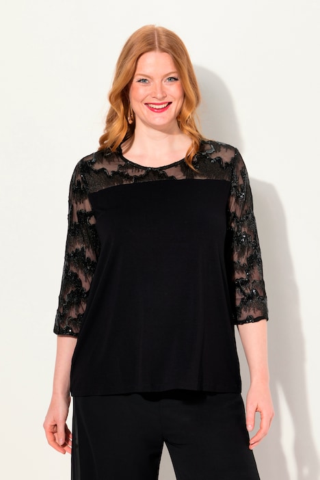Shirtbluse, Stickerei, Pailletten, Rundhals, 3/4-Arm