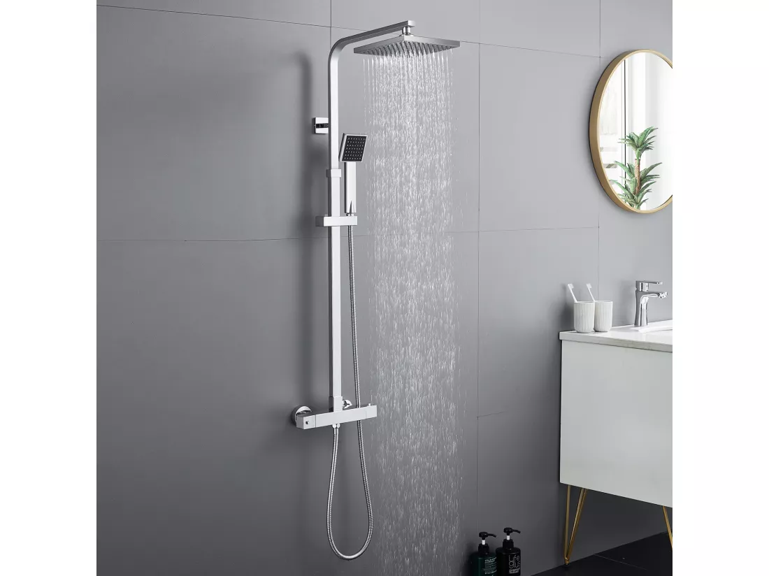 Auralum max Colonne de Douche Thermostatique Carré,Système de Douche Corps en Laiton+Ensemble Salle Bain Accessoire 6 Pièces,Inox,Brossé