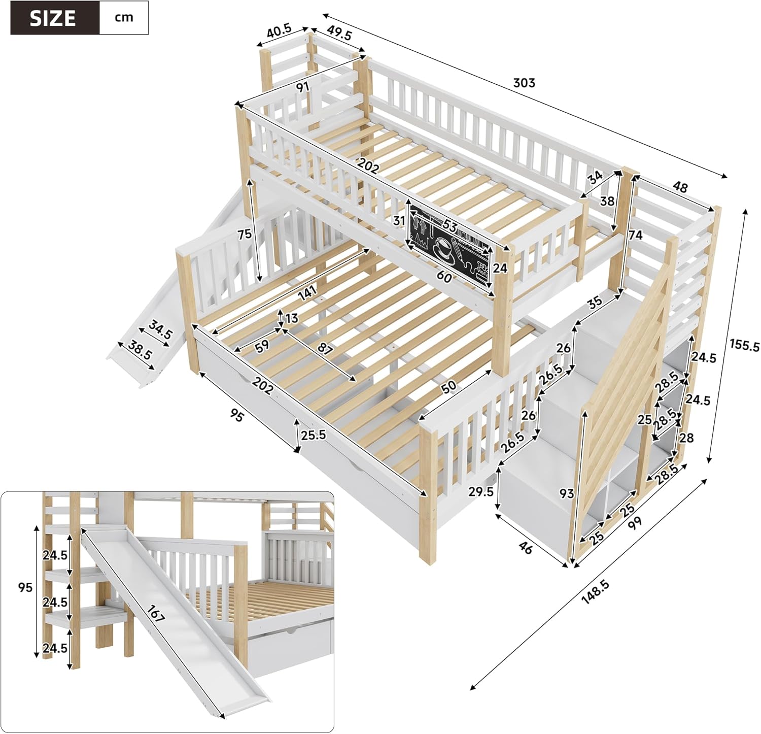 Kinderbett Etagenbett mit Stauraum Treppe& 2 Schublade&Rutsche&Tafel, Hausbett Hochbett mit Lattenrost & Rausfallschutz, Holzbett für Kinder, ohne Matratze
