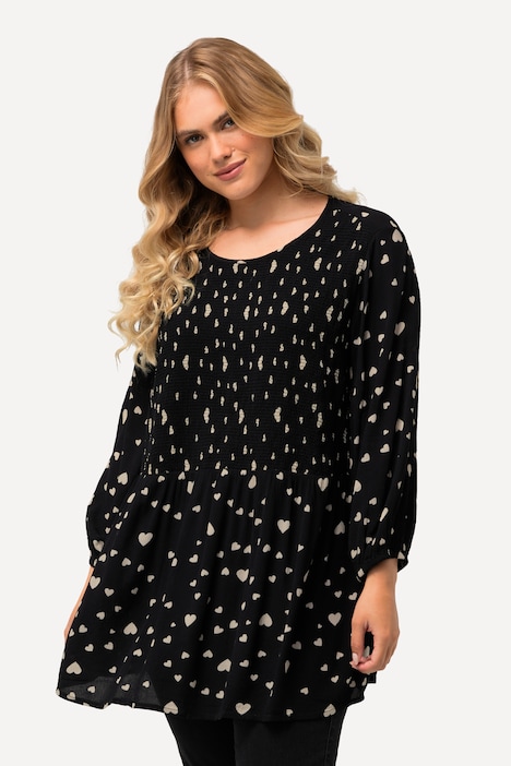 Smokbluse, Herzmuster, A-Linie, Rundhals, 3/4-Arm