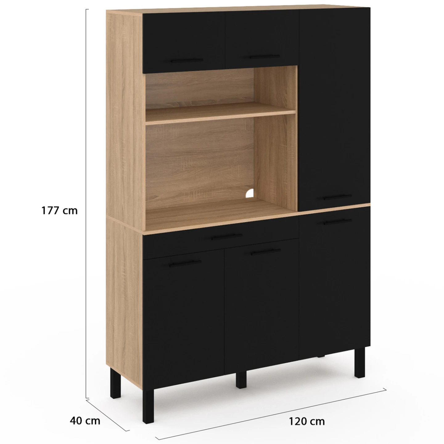 Buffet de cuisine avec colonne de rangement 120 CM CINA 6 portes + tiroir façon hêtre et noir