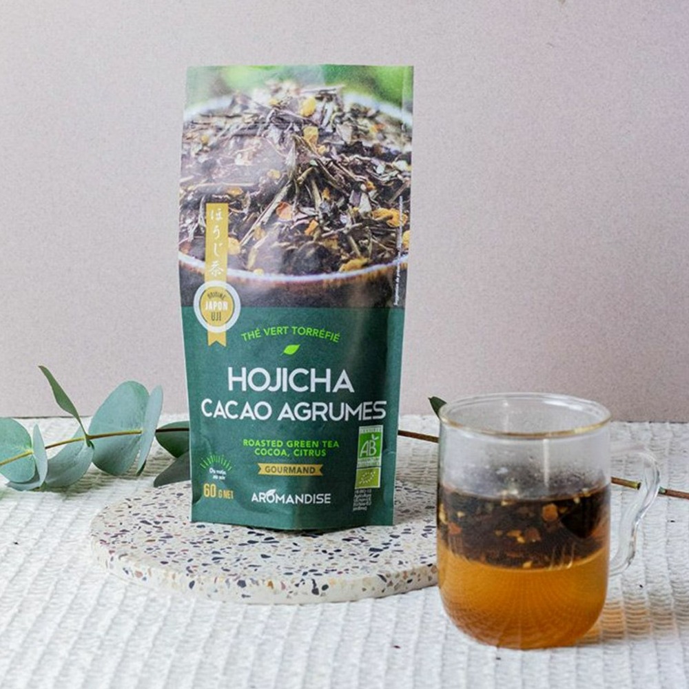 Thé vert bio japonais hojicha cacao agrumes 60 g + paille en inox avec filtre intégré