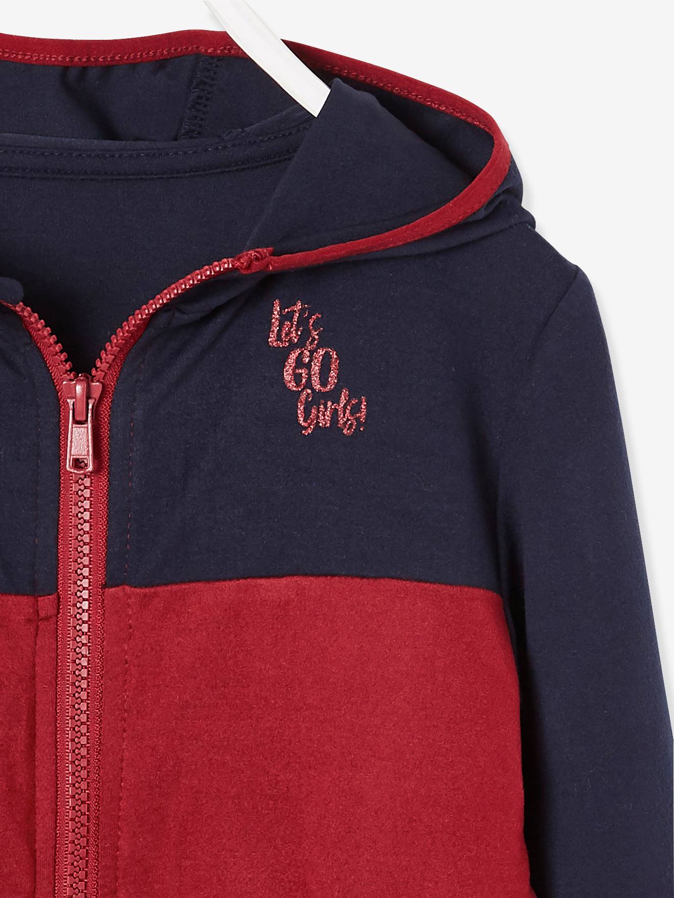 Moletom esportivo feminino, modelo liso azul escuro com efeito colorblock e estampas.