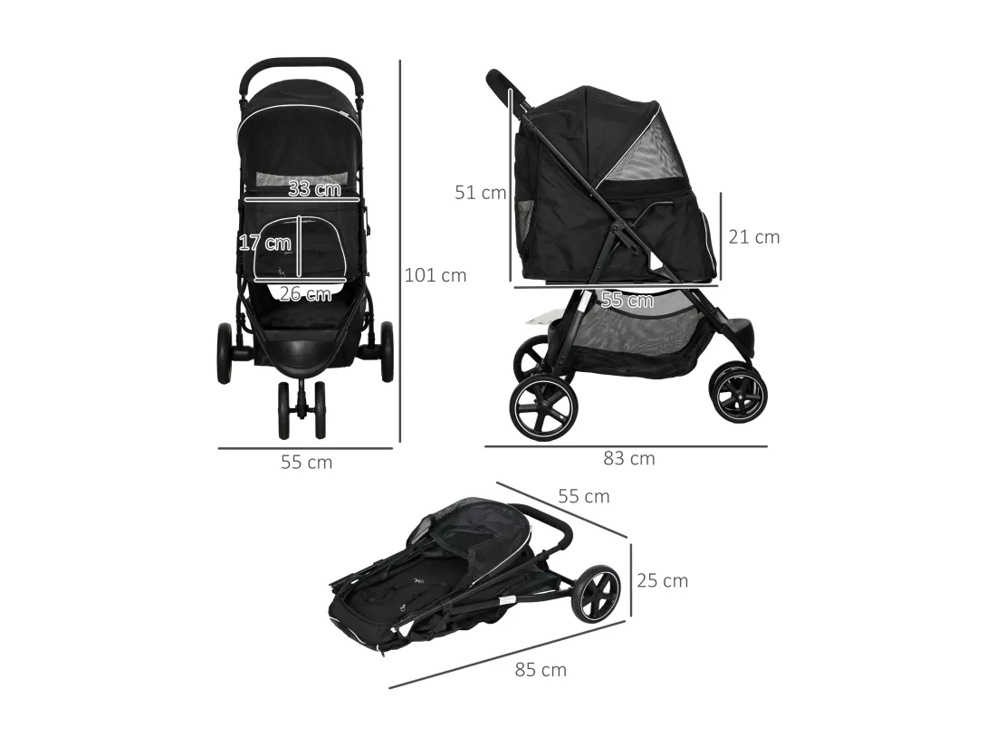 Poussette buggy pliable pour chien chat - 2 attaches, guidon réglable, panier - acier oxford noir
