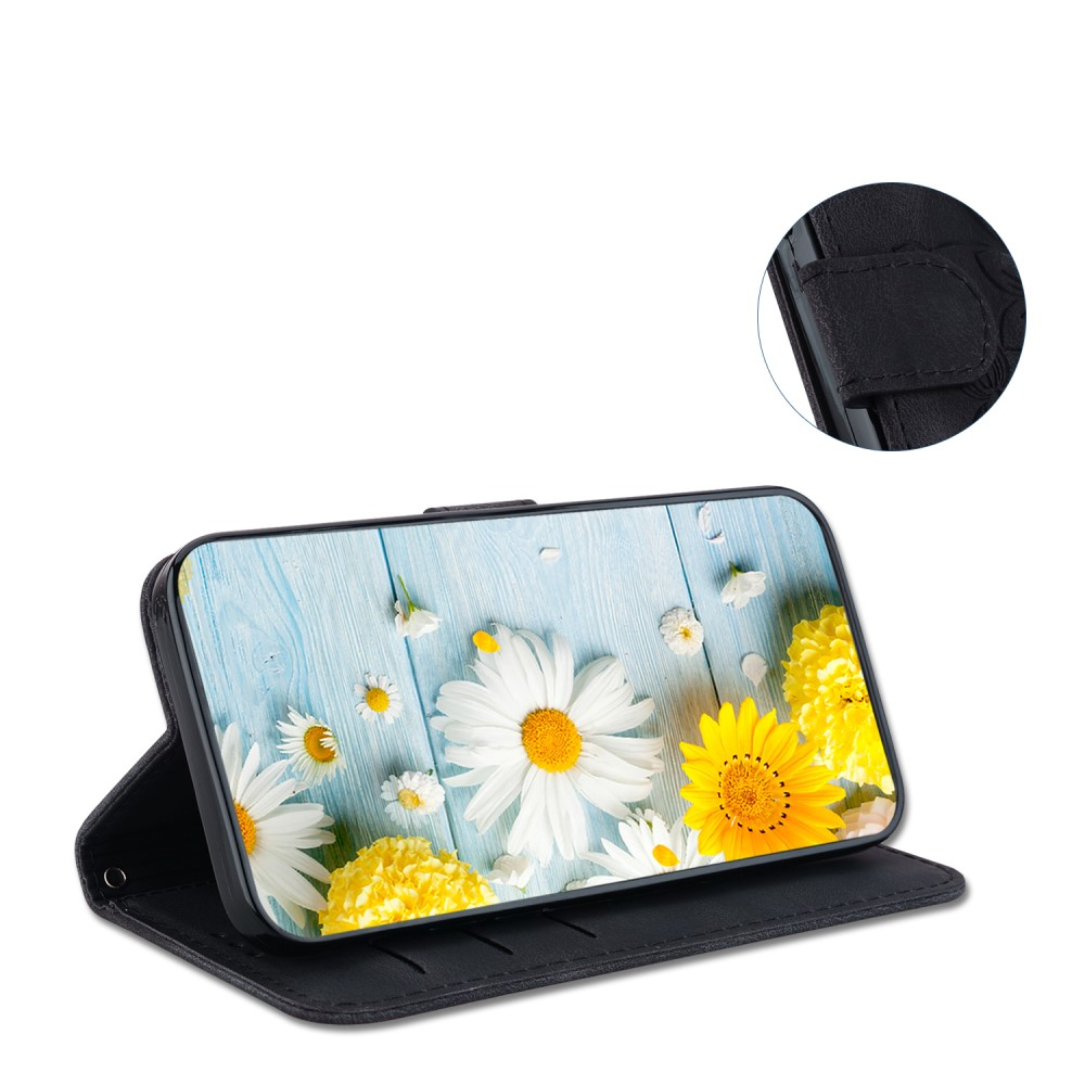 Samsung Galaxy S25 Ultra Leder Tasche Wallet - Blumen Imprint - Schwarz