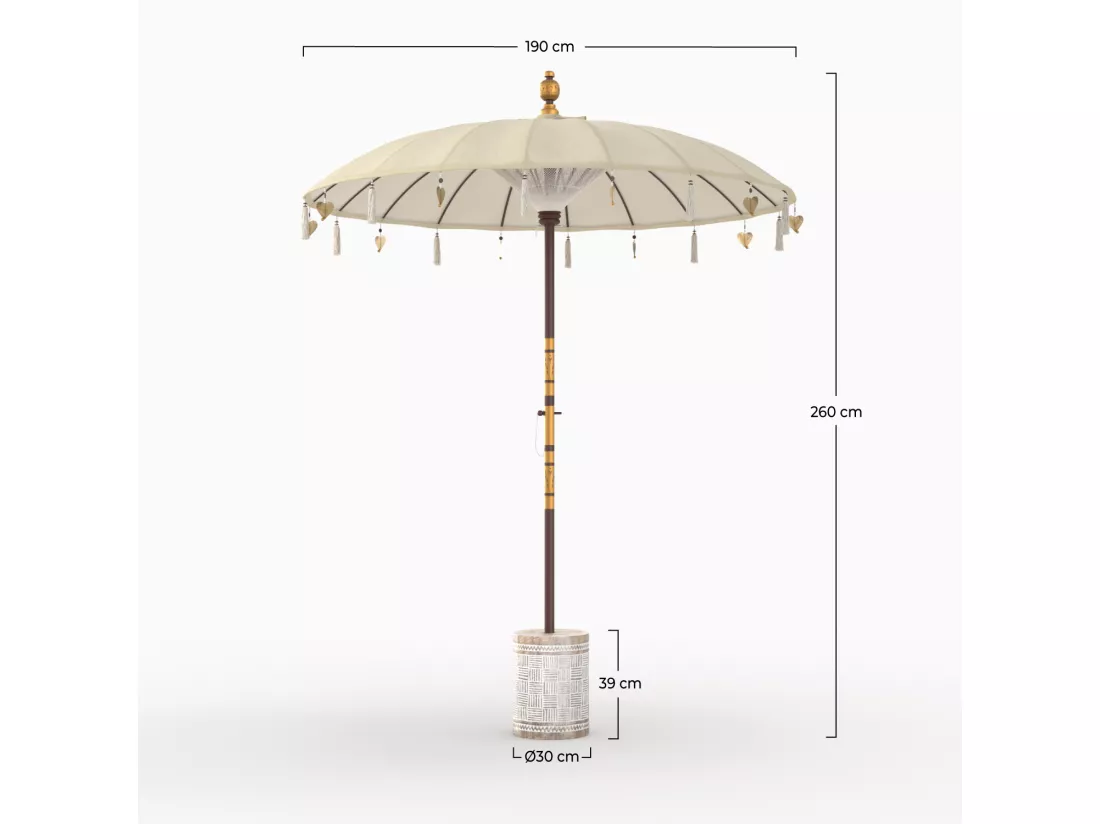 Ensemble parasol en tissu crème et pied de parasol en bois - Ali