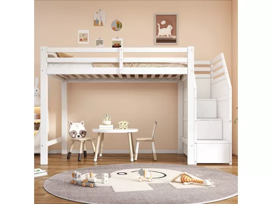 Lit mezzanine enfant 90x200 lit avec sommier à lattes garde-corps marches escamotables Blanc
