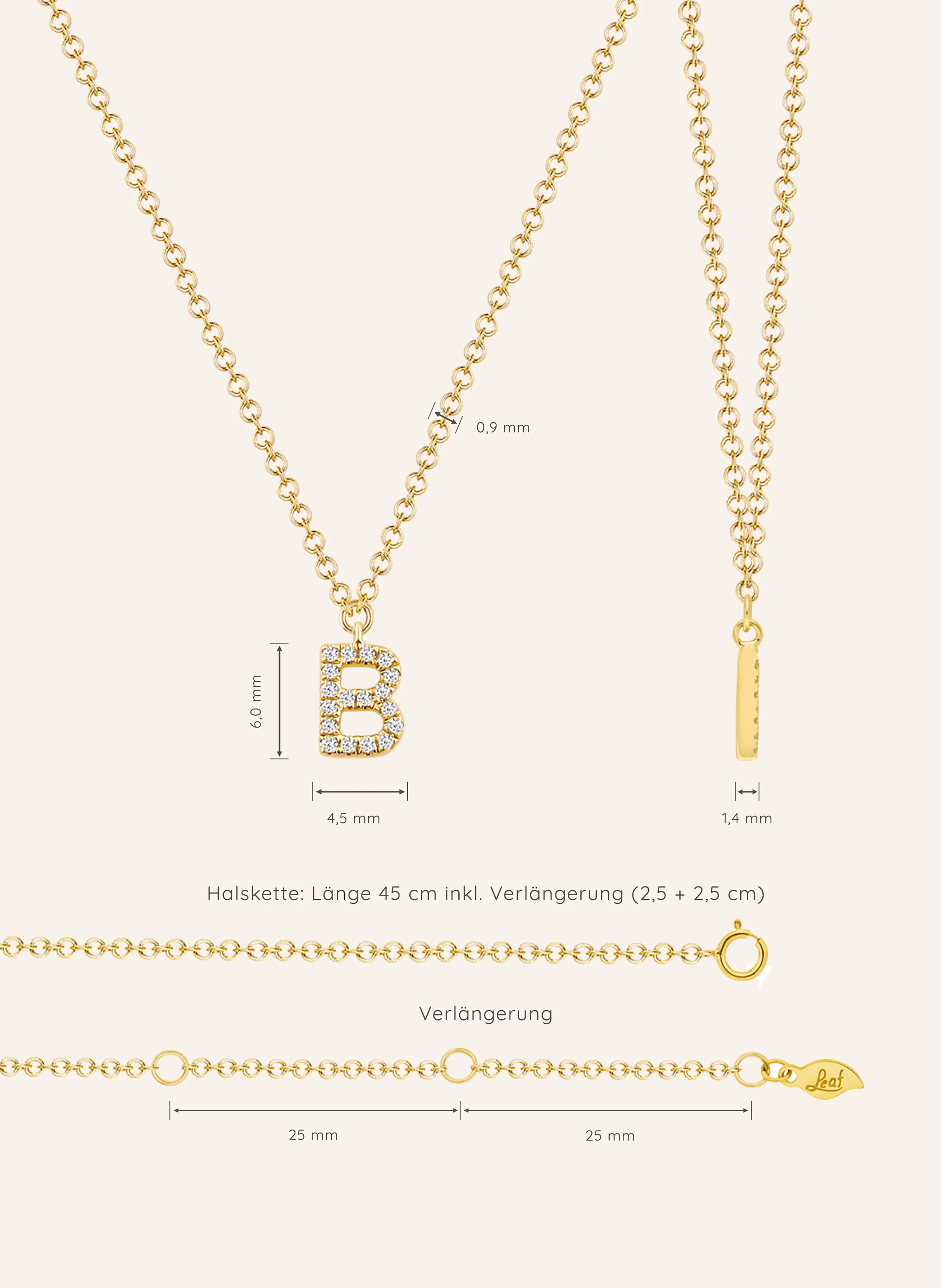 Leaf INITIALIEN Halskette „B“aus 14 Karat Gelbgold mit Diamanten