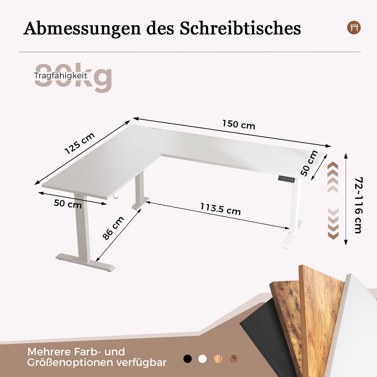 Klicelor L-förmiger Elektrischer Schreibtisch Höhenverstellbar, 150 x 125 cm L Form Stehschreibtisch mit 3 Memory-Funktionen und Antikollisionstechnologie, ergonomischer Computertisch, Weiß