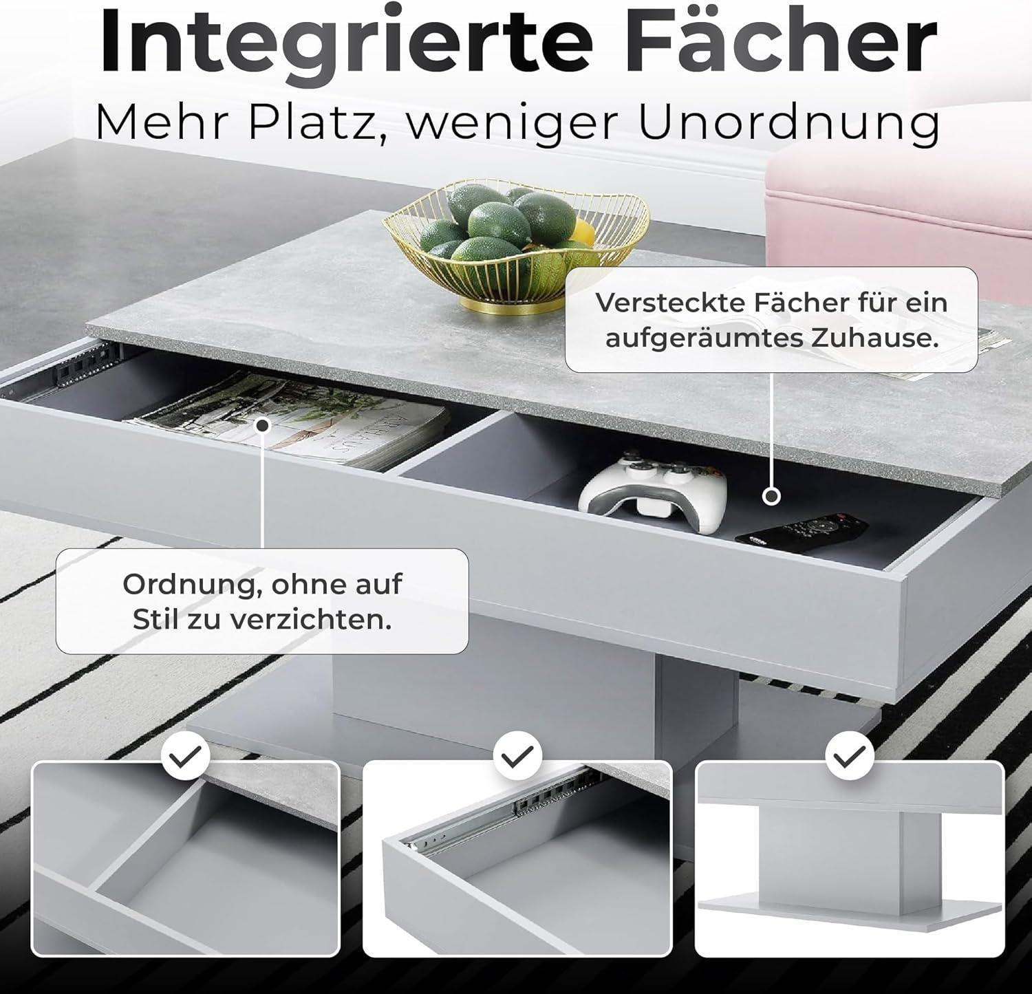[en.casa] Couchtisch Lünen Wohnzimmertisch mit Stauraum Truhentisch Sofatisch mit ausziehbarer Tischplatte rechteckig 2 Staufächer 40 x 110 x 60 cm Betonoptik/Grau