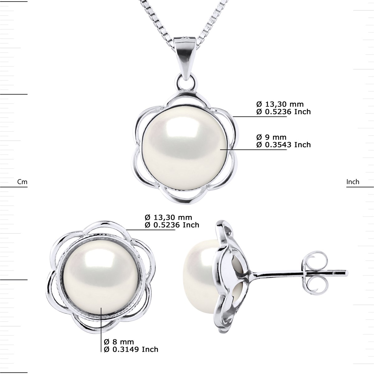 Parure Collier & Boucles d'Oreilles PETALES Perles d'Eau Douce 8-9 mm Blanches Argent 925