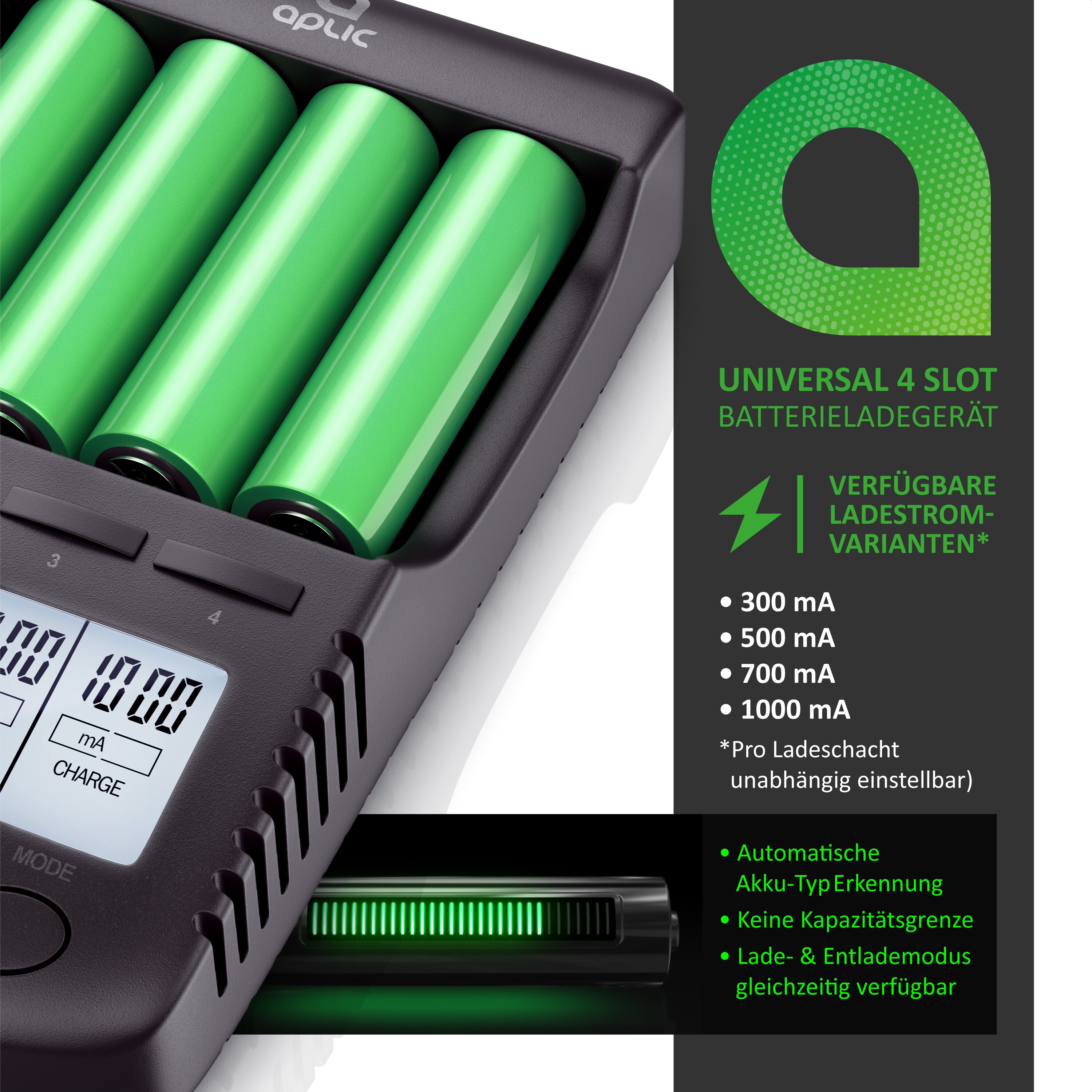 Aplic Batterie-Ladegerät 1000 mA, für Akku, mit USB-Ladeport für Li-ion / 18650 / Ni-MH / Ni-CD Akkus
