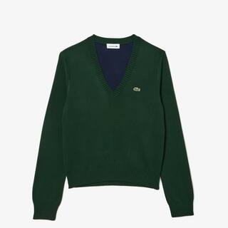 Pull col V en double face de coton Pullovers - Vert - Lacoste - Femme