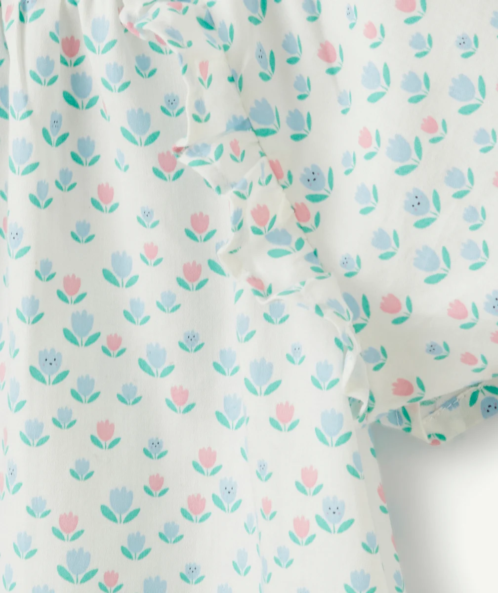 blouse manches courtes bébé fille en coton imprimé fleuri rose et bleu