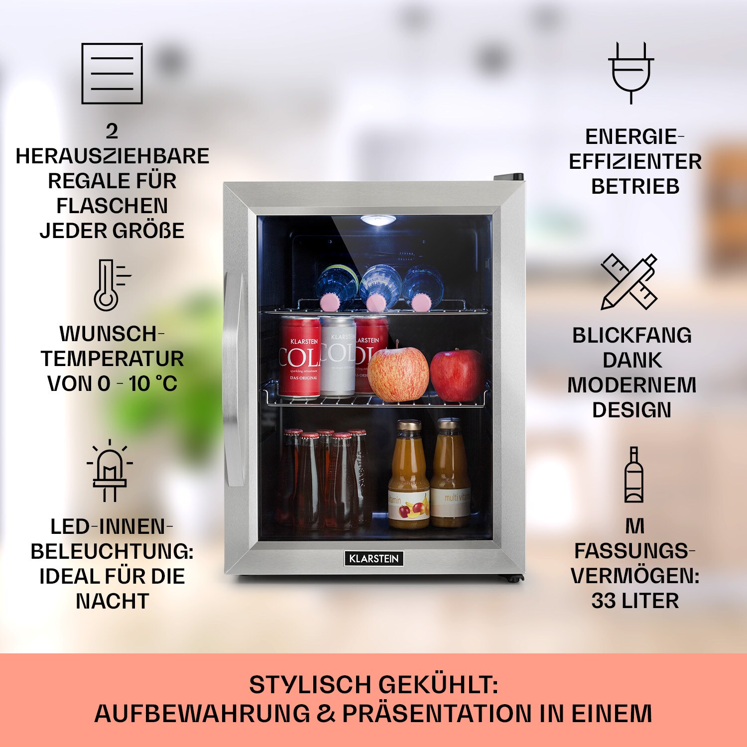Beersafe M Kühlschrank 33 Liter 2 Böden Panoramaglastür Edelstahl