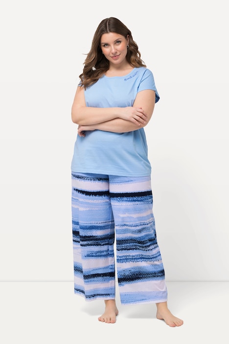 Pyjama, Streifen, Stickerei, Rundhals, Halbarm