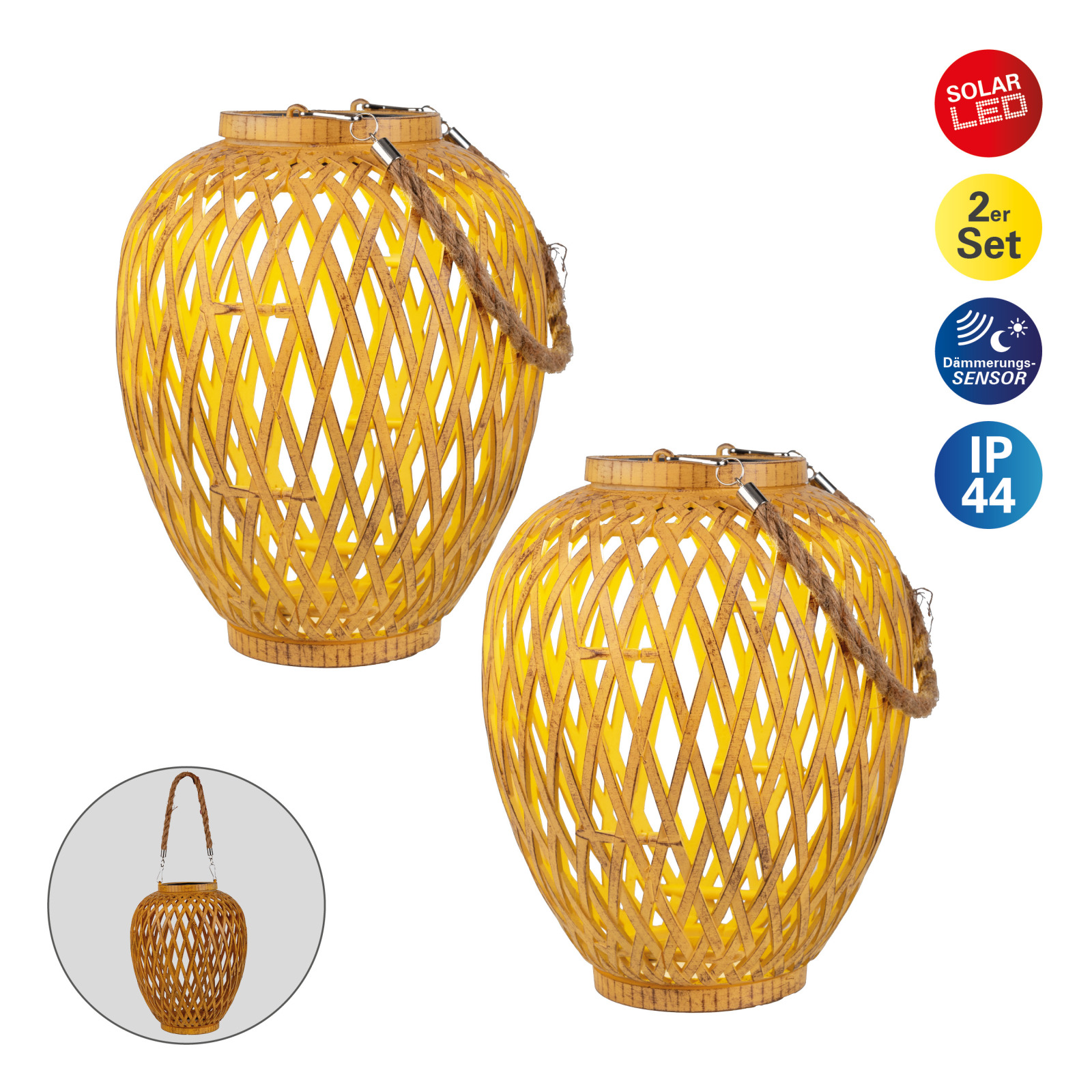 2er-Set Solar-LED-Korb-Dekoleuchte CESTO - natur - 24 cm hoch