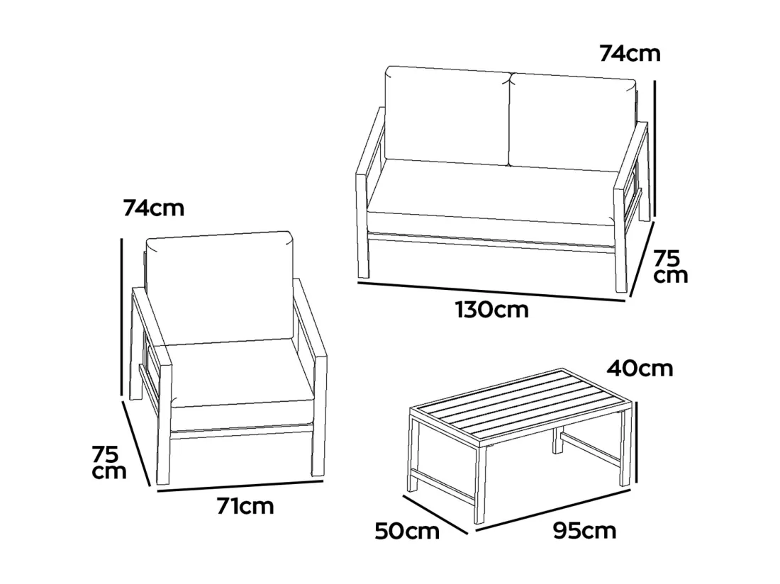 Rugiada - Salon de jardin en aluminium avec coussins - canapé, 2 fauteuils, table basse