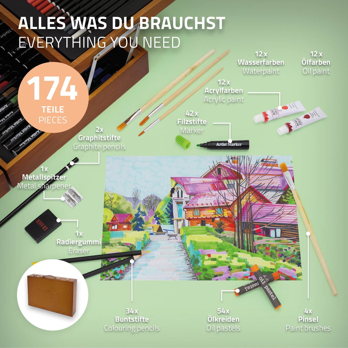 ECD Germany 174-delige schilderset met houten koffer, schilderkoffer voor kinderen en volwassenen, verfdoos, kunst- en tekenset met schildermaterialen, acrylverf, aquarelverf, olieverf, pastelverf, potloden, penselen en accessoires