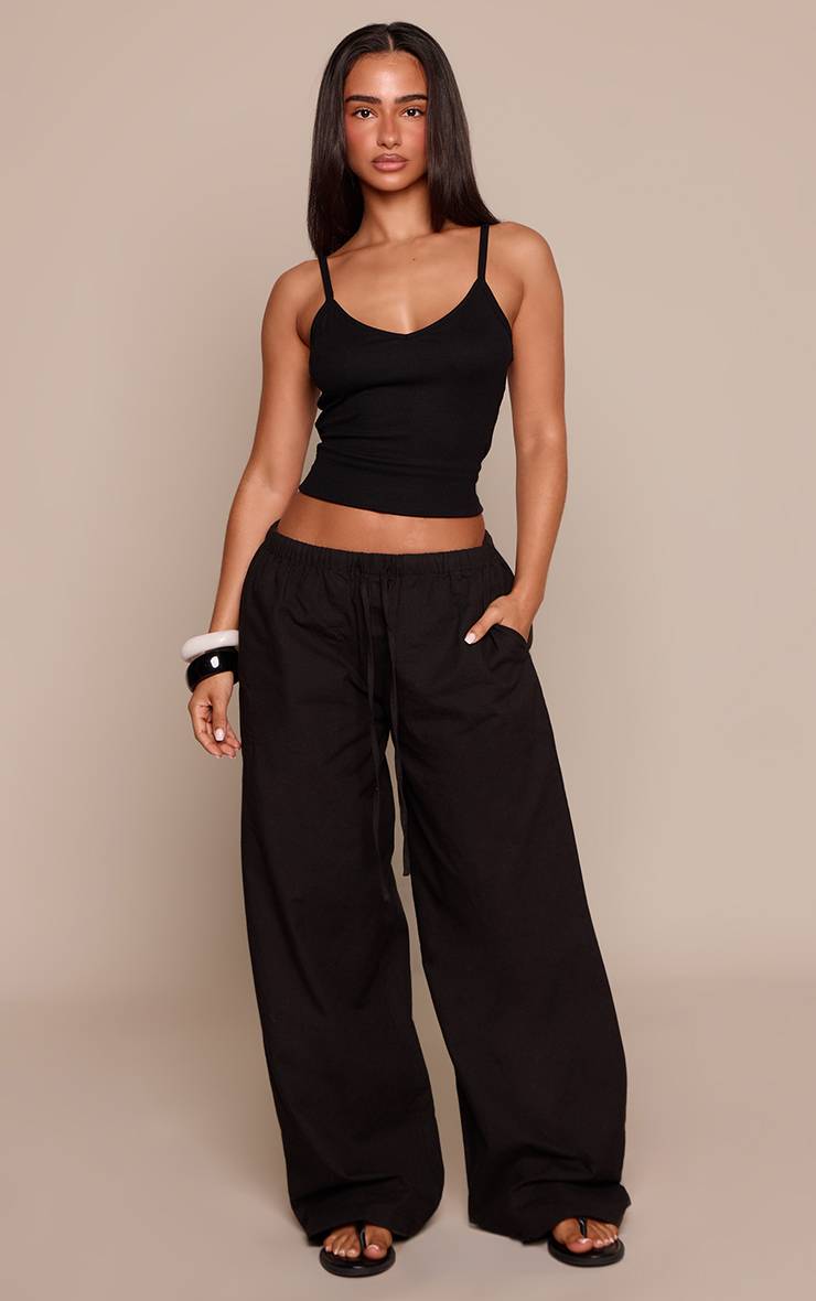 Noir Pantalon Petite En Lin Avec Taille À Cordon Coulissant