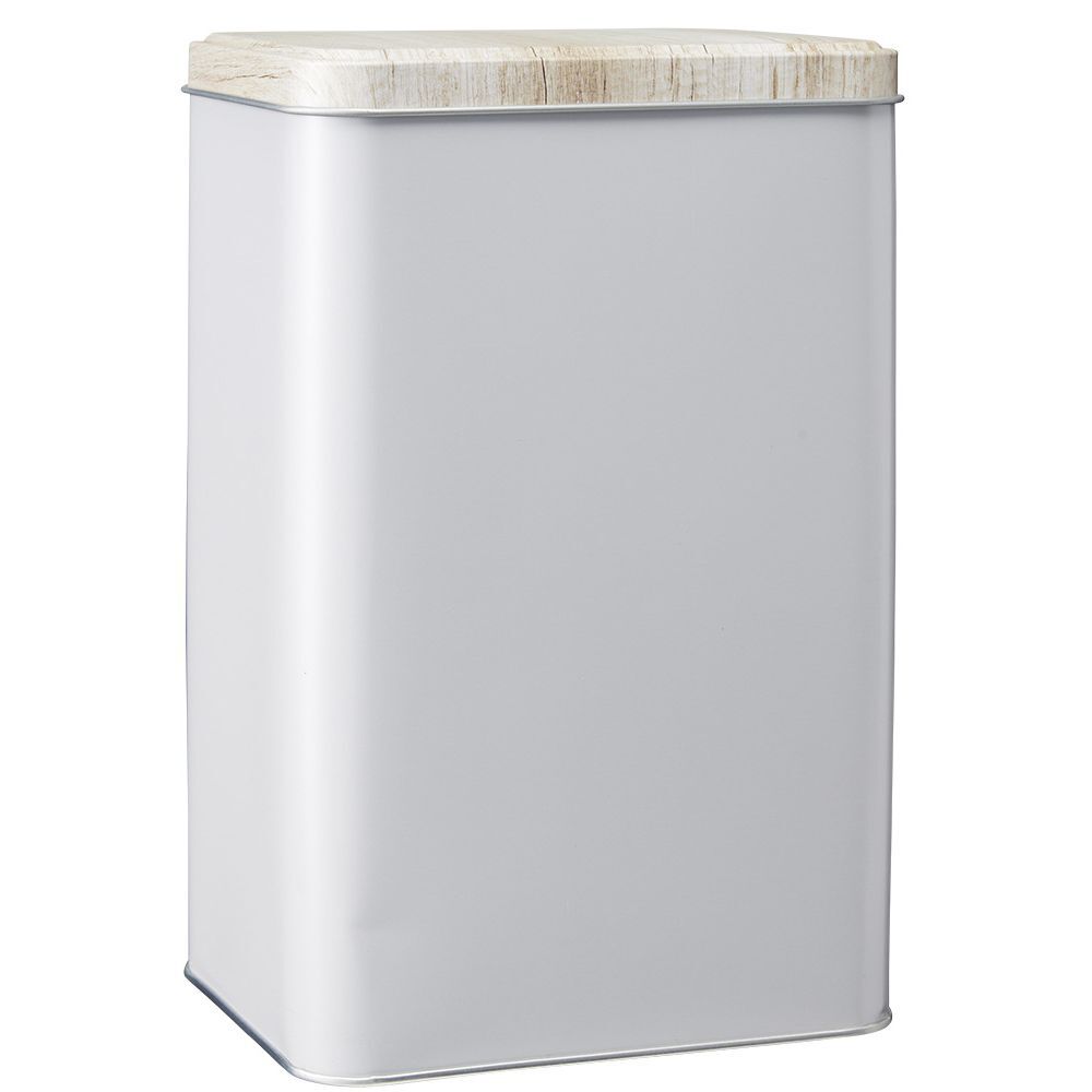 Boîte rectangulaire en métal gris avec couvercle effet bois