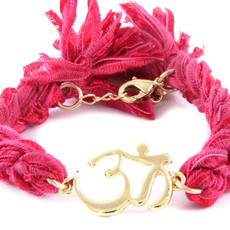 Ettika - Bracelet Om en Or Jaune et Coton Rubans Tressés Roses