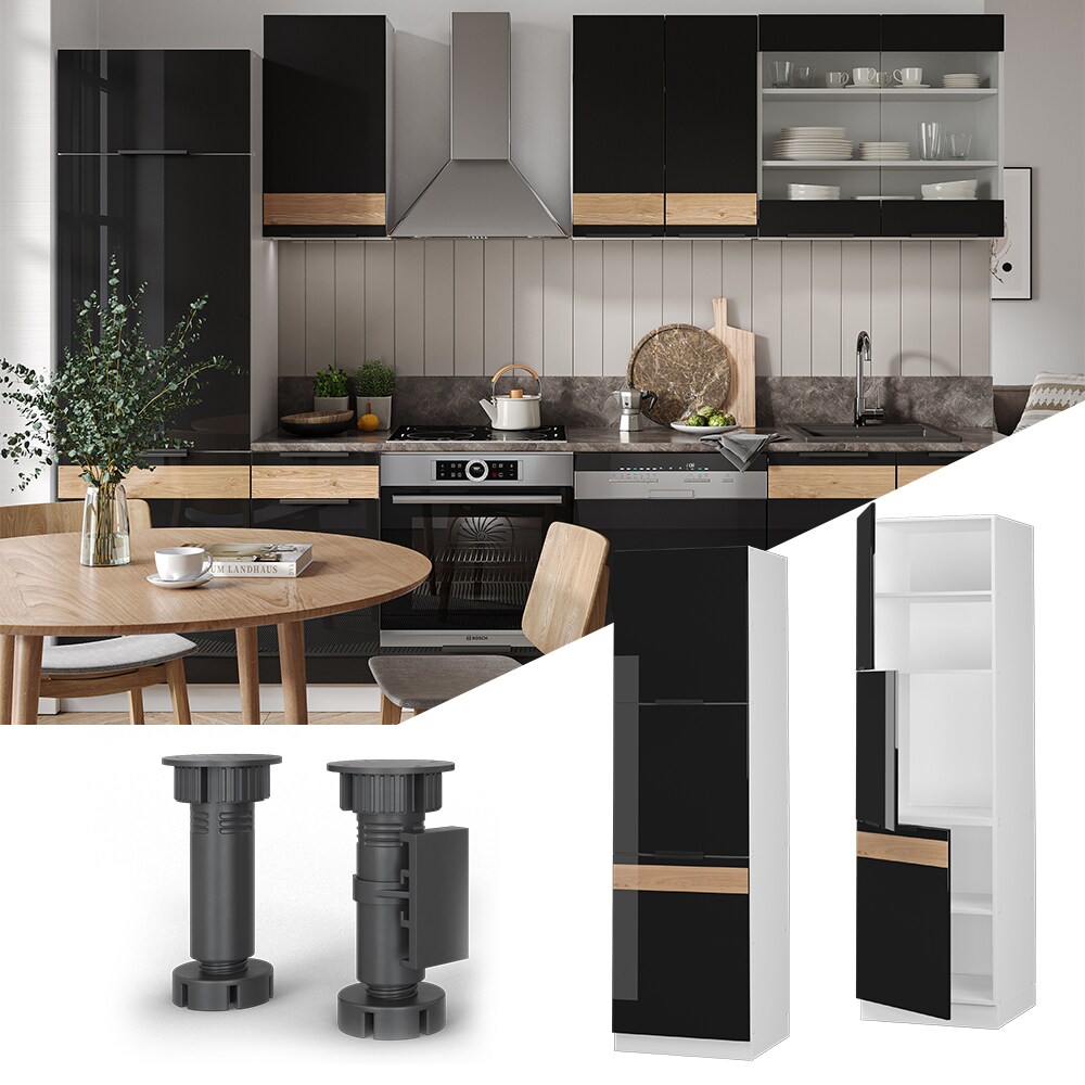 Vicco Herdhochschrank Küchenschrank Küchenmöbel Fame-Line Weiß Schwarz Eiche 60 cm modern Hochglanz