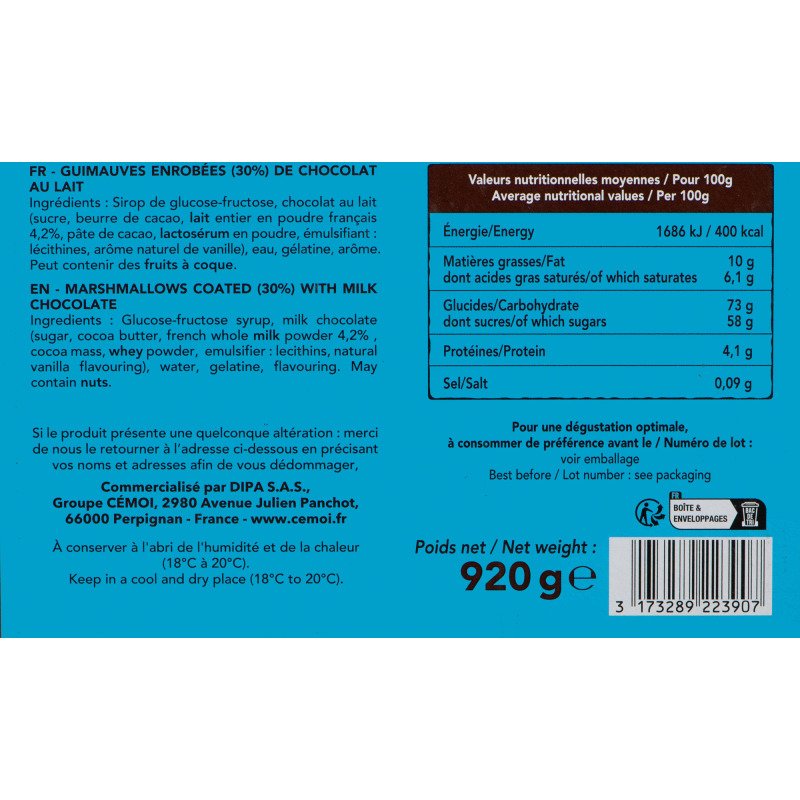 Oursons guimauve et chocolat au lait Cémoi- Boîte distributice de 920 g - 80 sachets
