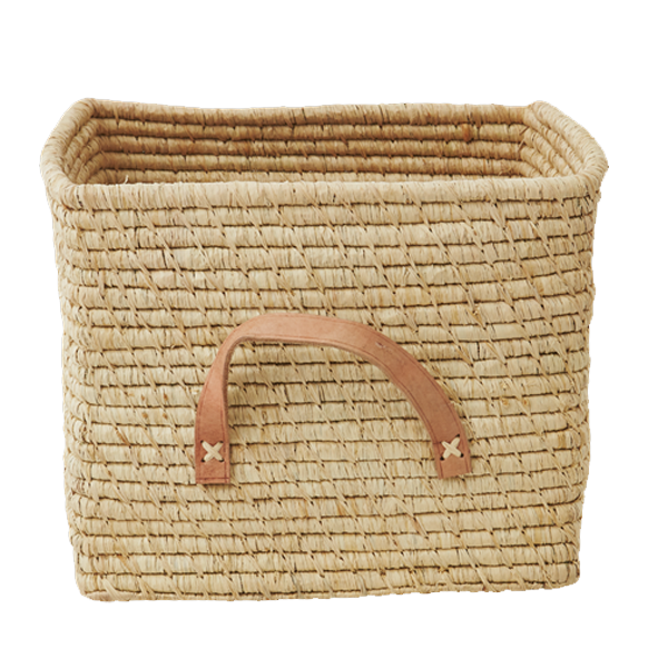 Rice - Lille Firkantet Raffia Kurv m. Læder Håndtag - Naturlig