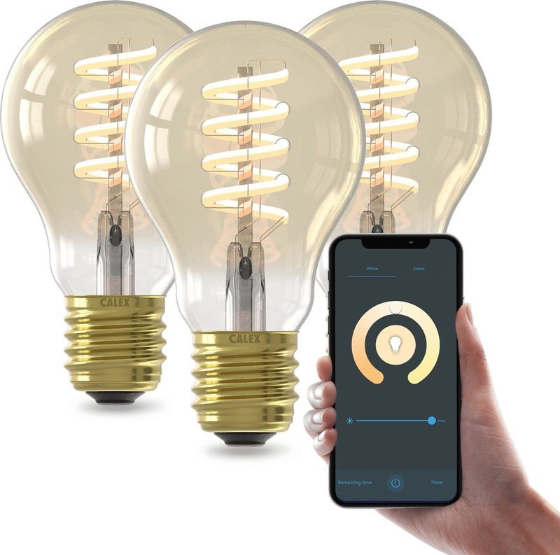 Calex - Slimme LED Lamp - Goud - A60 - Dimbaar - Set van 3 stuks - E27 - Wifi Verlichting