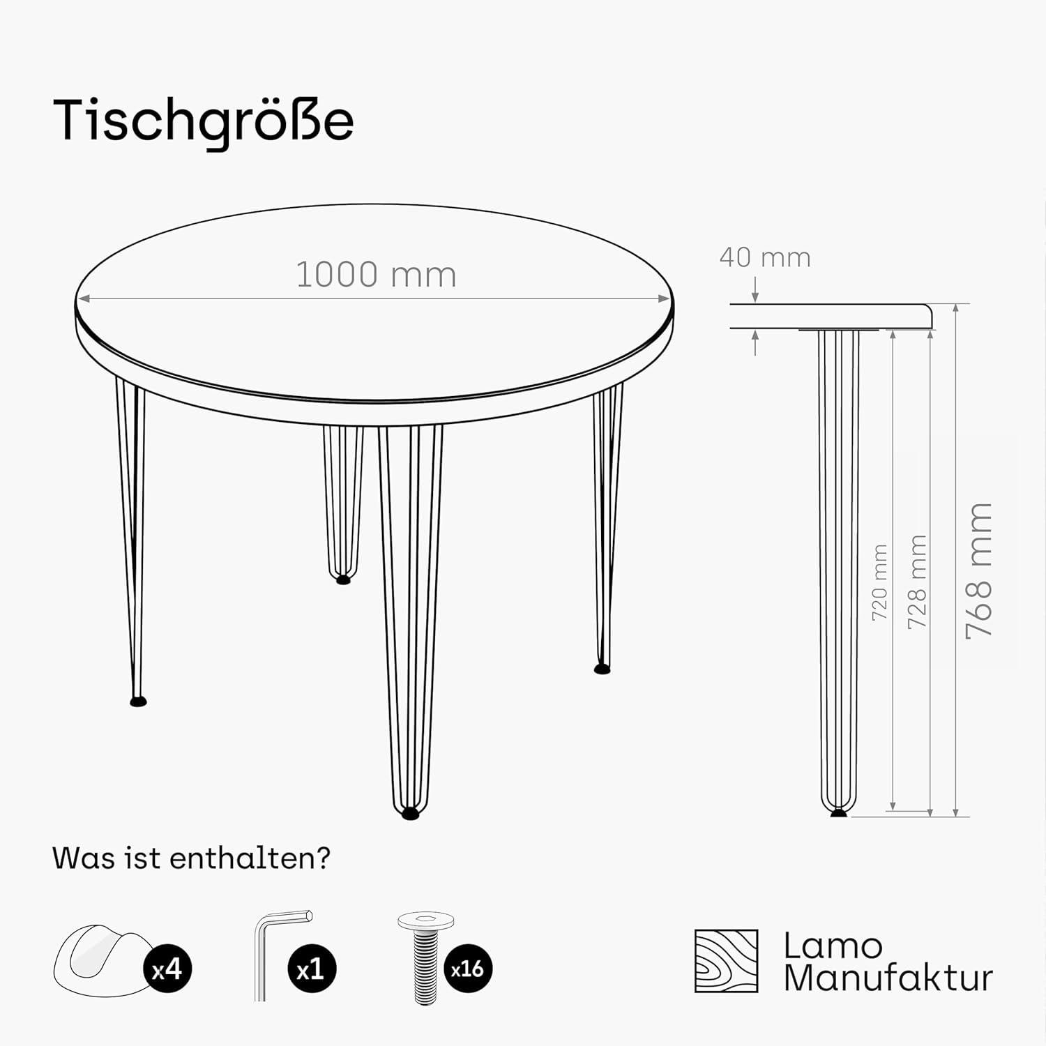 LAMO Manufaktur Esstisch rund 100cm | Wohnzimmertisch Holz, Bistrotisch | Runder Tisch für Küche, Restaurant | Stärke: 40mm, Farbe: Rustikal, Beine: Elfenbein